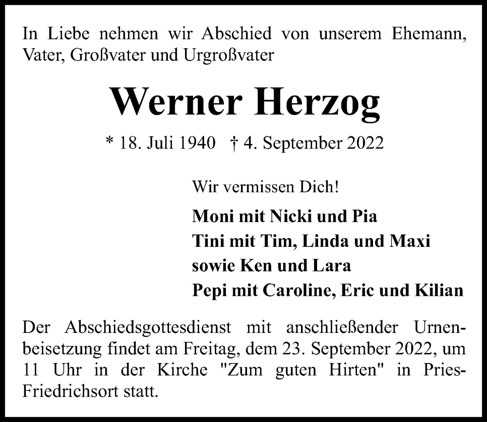  Traueranzeige für Werner Herzog vom 17.09.2022 aus Kieler Nachrichten