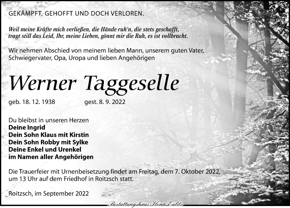  Traueranzeige für Werner Taggeselle vom 17.09.2022 aus Torgauer Zeitung