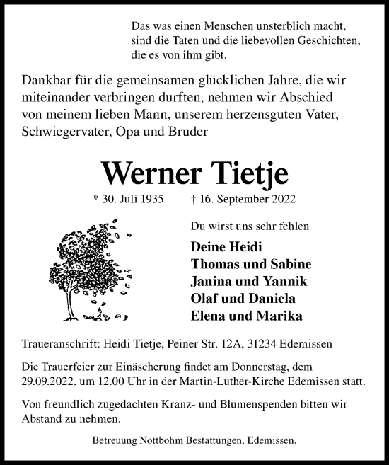 Traueranzeige von Werner Tietje von Peiner Allgemeine Zeitung