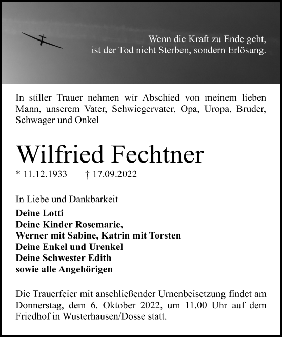 Traueranzeige von Wilfried Fechtner von Märkischen Allgemeine Zeitung