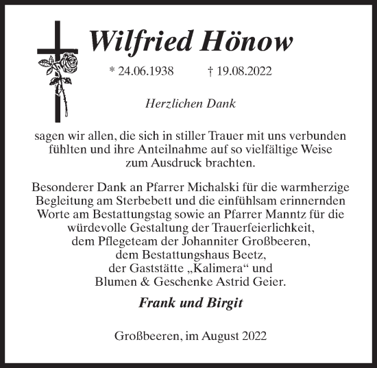Traueranzeige von Wilfried Hönow von Märkischen Allgemeine Zeitung
