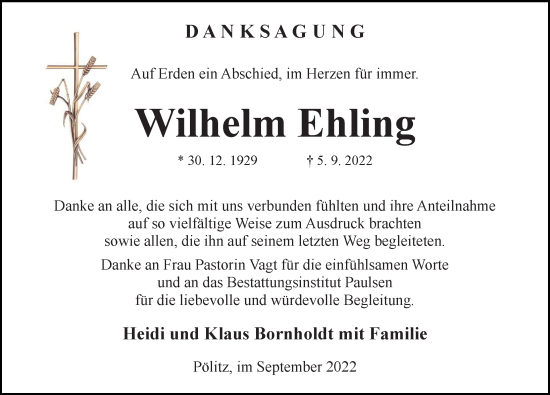 Traueranzeige von Wilhelm Ehling von Lübecker Nachrichten