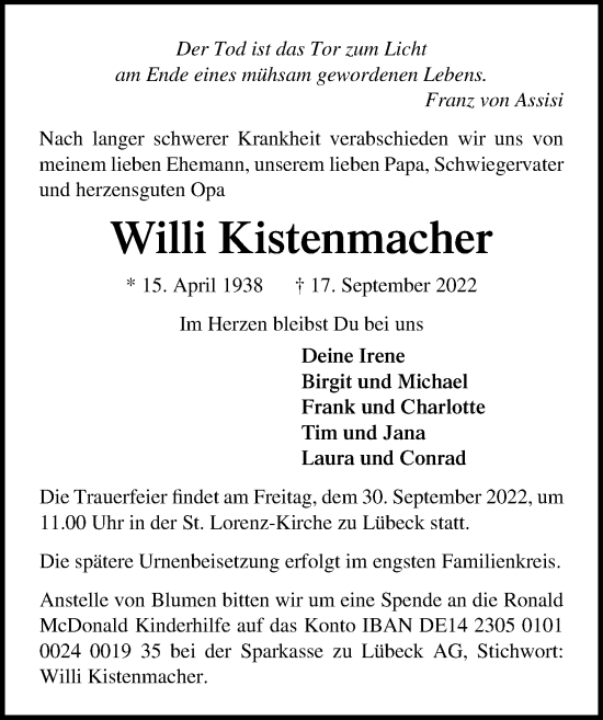 Traueranzeige von Willi Kistenmacher von Lübecker Nachrichten