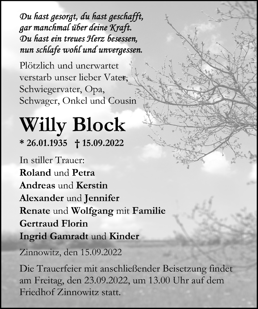  Traueranzeige für Willy Block vom 20.09.2022 aus Ostsee-Zeitung GmbH