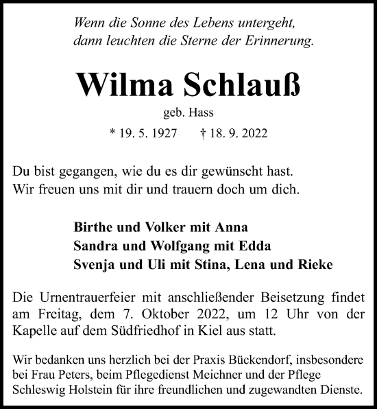 Traueranzeige von Wilma Schlauß von Kieler Nachrichten