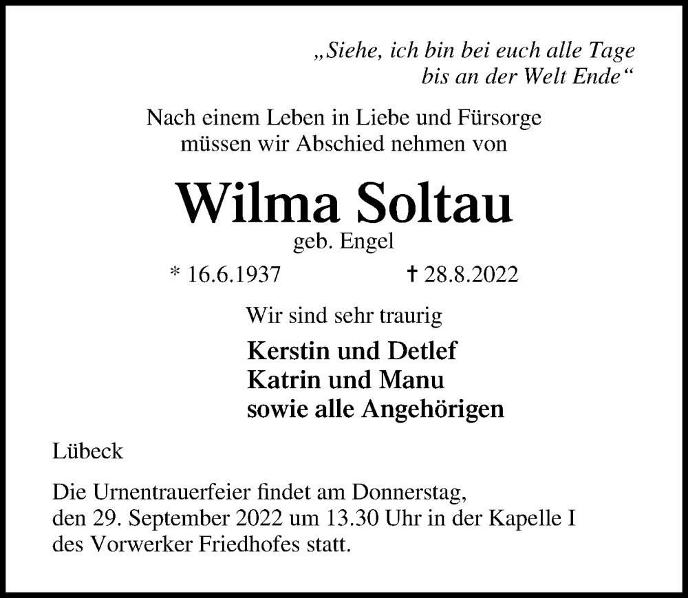  Traueranzeige für Wilma Soltau vom 18.09.2022 aus Lübecker Nachrichten
