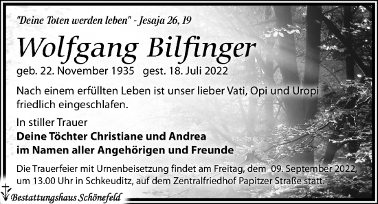 Traueranzeige von Wolfgang Bilfinger von Leipziger Volkszeitung