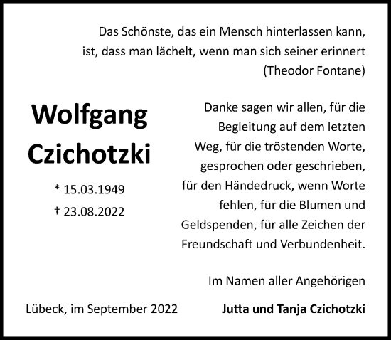 Traueranzeige von Wolfgang Czichotzki von Lübecker Nachrichten