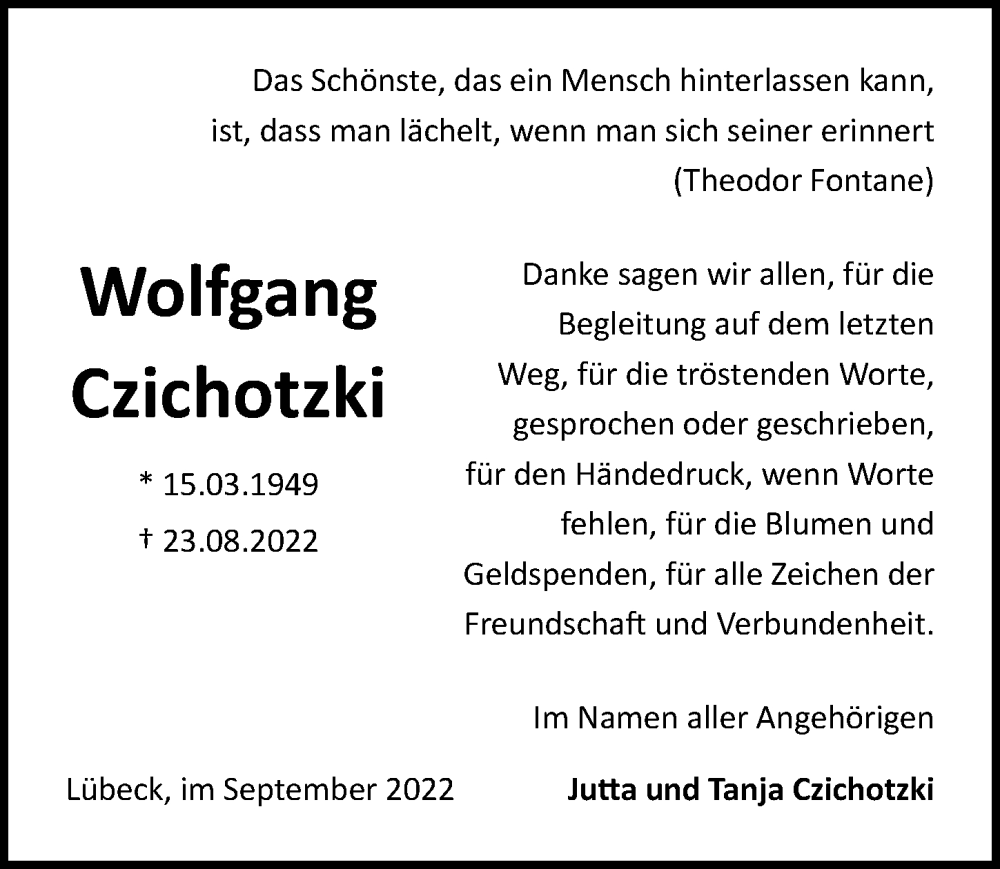  Traueranzeige für Wolfgang Czichotzki vom 11.09.2022 aus Lübecker Nachrichten