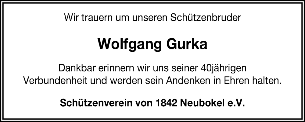  Traueranzeige für Wolfgang Gurka vom 24.09.2022 aus Aller Zeitung
