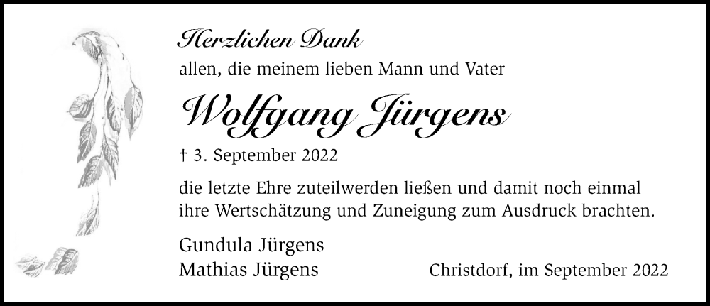  Traueranzeige für Wolfgang Jürgens vom 17.09.2022 aus Märkischen Allgemeine Zeitung