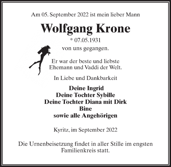 Traueranzeige von Wolfgang Krone von Märkischen Allgemeine Zeitung