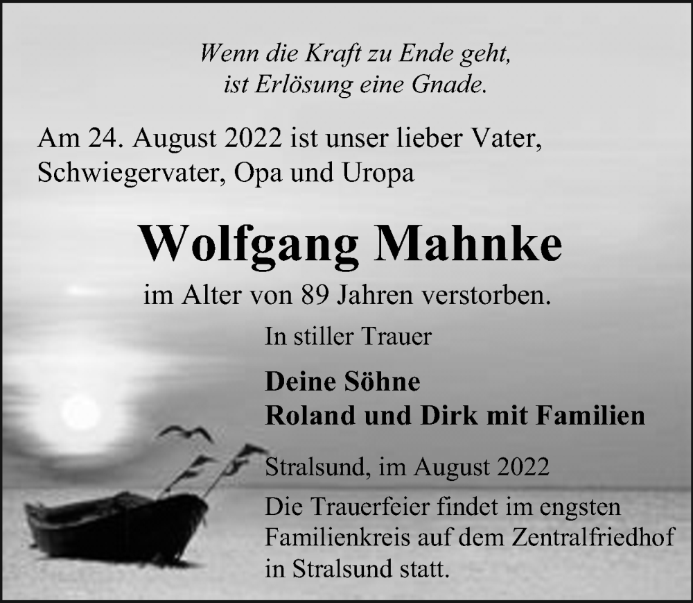  Traueranzeige für Wolfgang Mahnke vom 03.09.2022 aus Ostsee-Zeitung GmbH