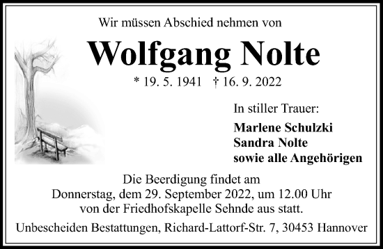 Traueranzeige von Wolfgang Nolte von Hannoversche Allgemeine Zeitung/Neue Presse