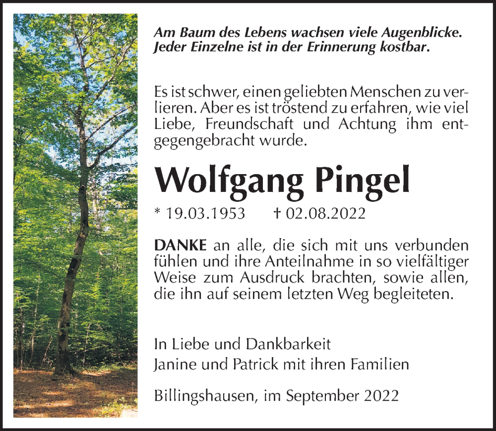  Traueranzeige für Wolfgang Pingel vom 03.09.2022 aus Göttinger Tageblatt