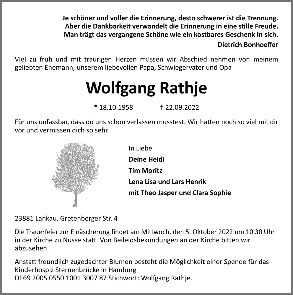  Traueranzeige für Wolfgang Rathje vom 01.10.2022 aus Lübecker Nachrichten