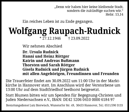 Traueranzeige von Wolfgang Raupach-Rudnick von Hannoversche Allgemeine Zeitung/Neue Presse