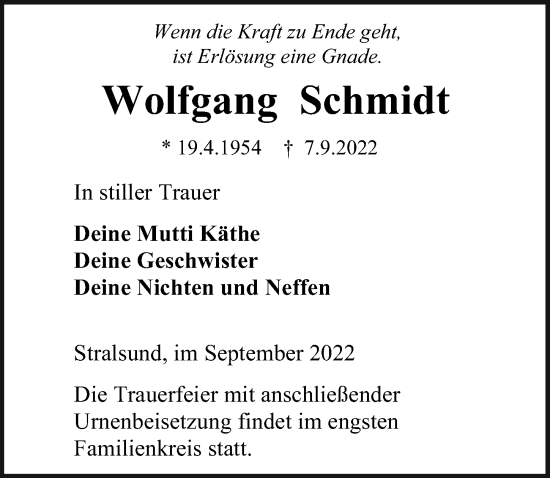 Traueranzeige von Wolfgang Schmidt von Ostsee-Zeitung GmbH