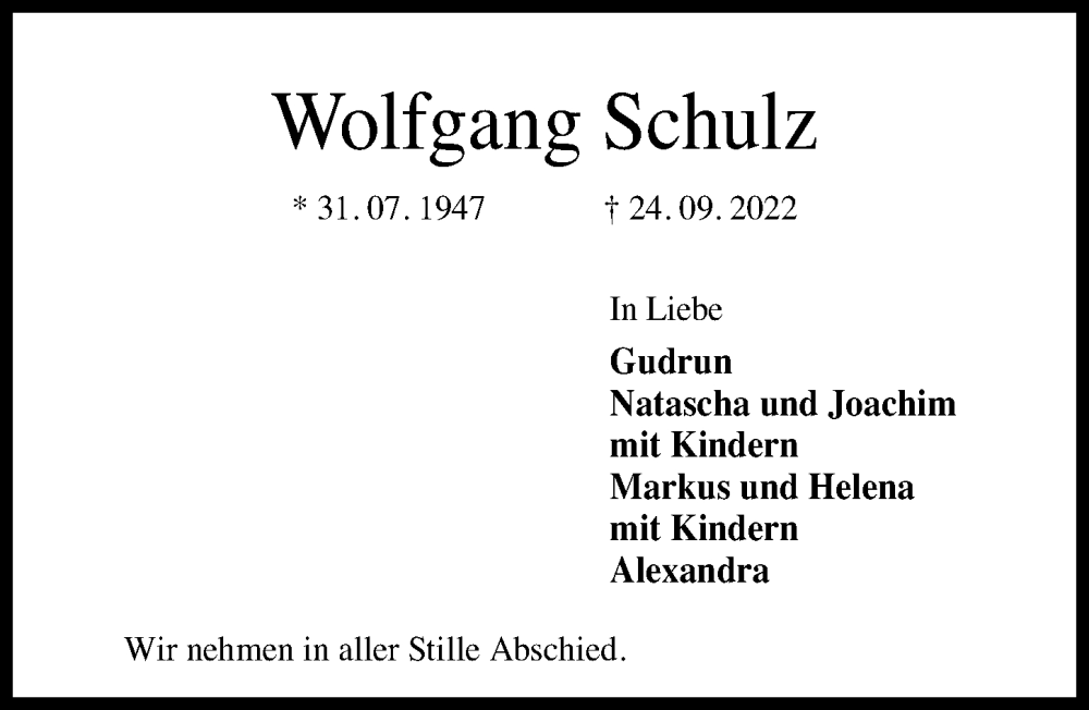  Traueranzeige für Wolfgang Schulz vom 28.09.2022 aus Hannoversche Allgemeine Zeitung/Neue Presse