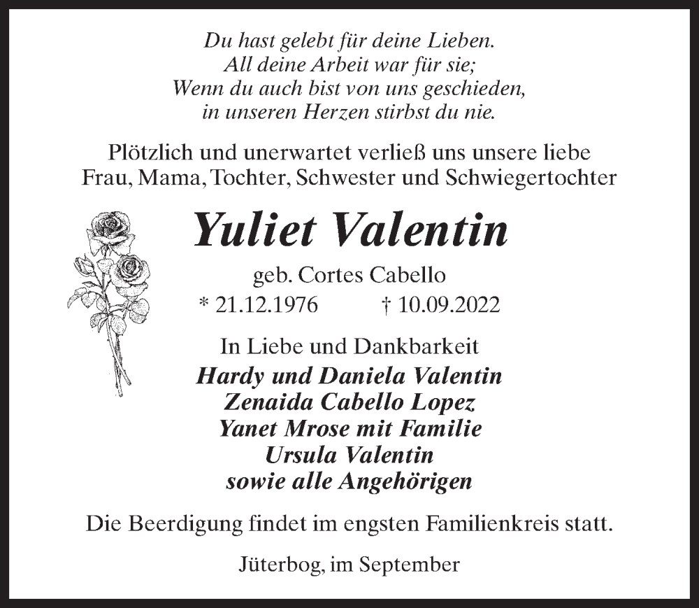  Traueranzeige für Yuliet Valentin vom 22.09.2022 aus Märkischen Allgemeine Zeitung