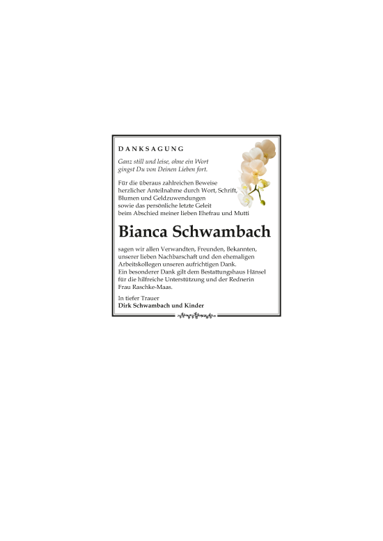 Traueranzeige von Bianca Schwambach von Leipziger Volkszeitung