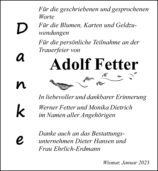 Traueranzeige von Adolf Fetter von Ostsee-Zeitung GmbH