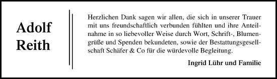 Traueranzeige von Adolf Reith von Lübecker Nachrichten