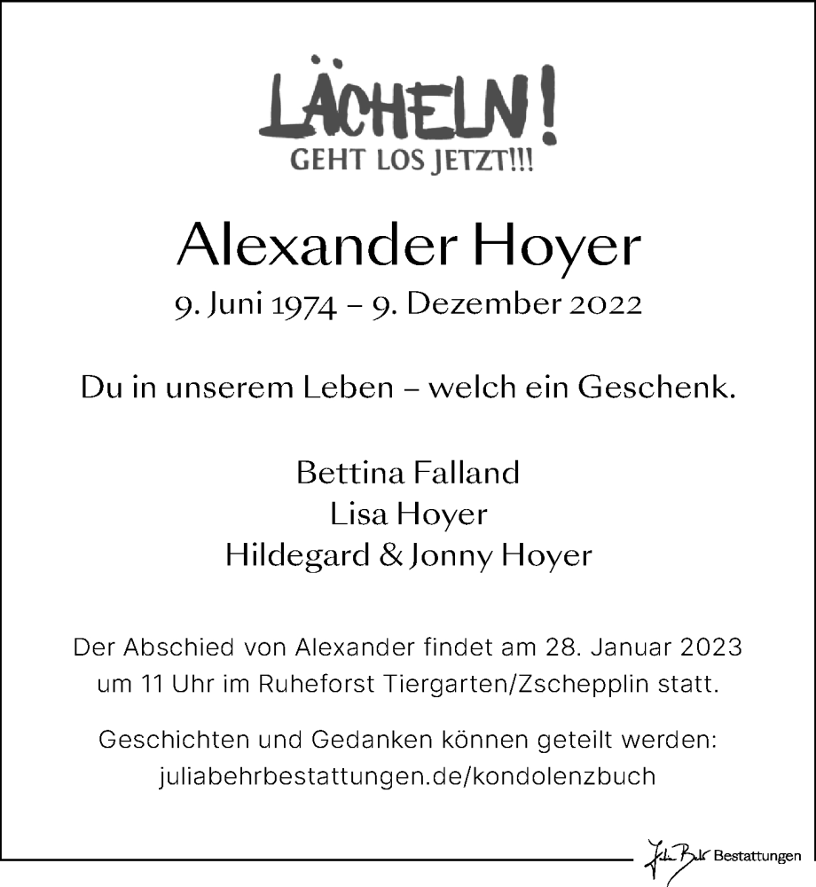  Traueranzeige für Alexander Hoyer vom 07.01.2023 aus Leipziger Volkszeitung
