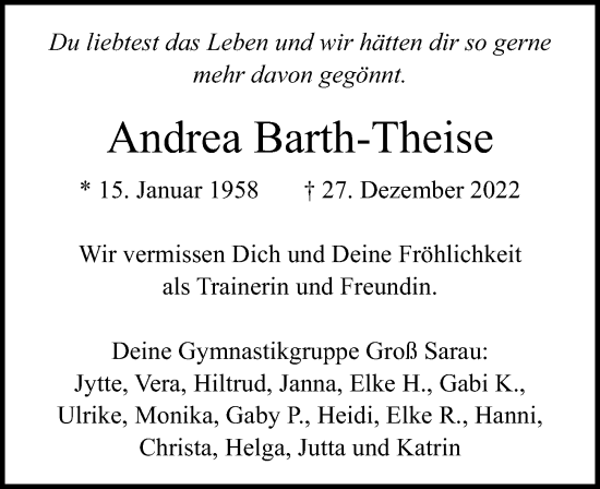 Traueranzeige von Andrea Barth-Theise von Lübecker Nachrichten