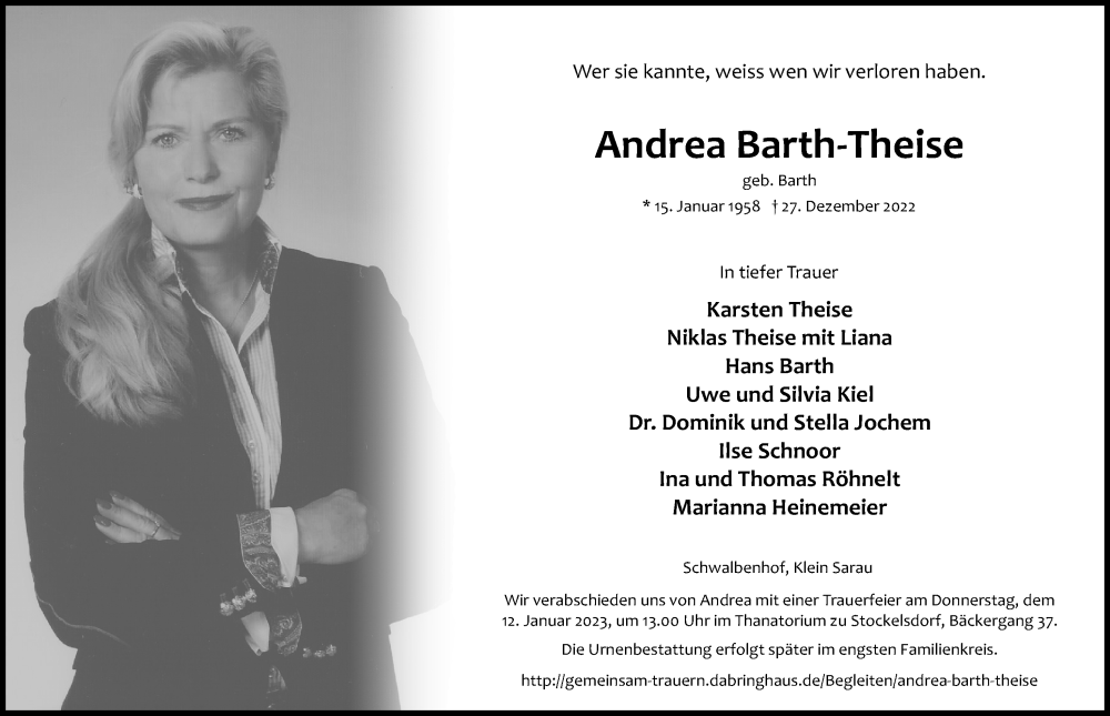  Traueranzeige für Andrea Barth-Theise vom 01.01.2023 aus Lübecker Nachrichten