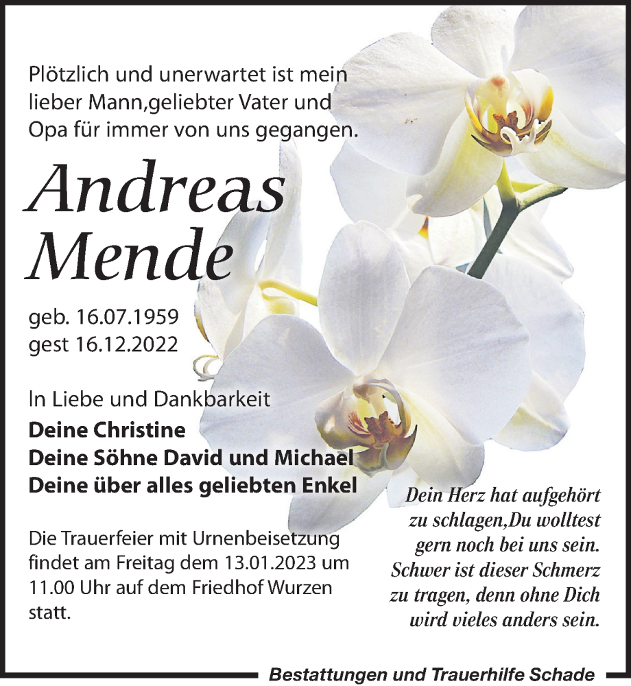  Traueranzeige für Andreas Mende vom 07.01.2023 aus Leipziger Volkszeitung