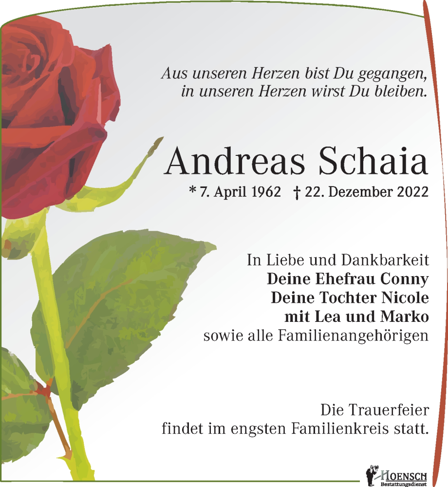  Traueranzeige für Andreas Schaia vom 28.01.2023 aus Leipziger Volkszeitung