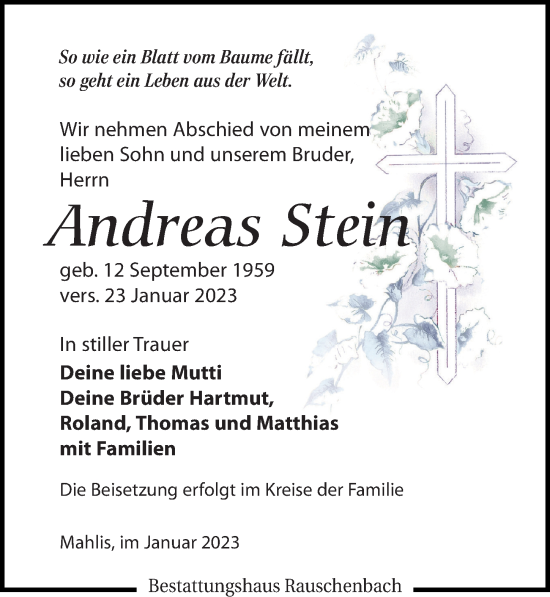 Wann Ist Andreas Steinhöfel Gestorben Traueranzeigen von Andreas Stein | trauer-anzeigen.de
