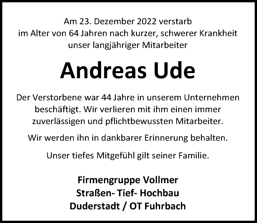  Traueranzeige für Andreas Ude vom 07.01.2023 aus Eichsfelder Tageblatt