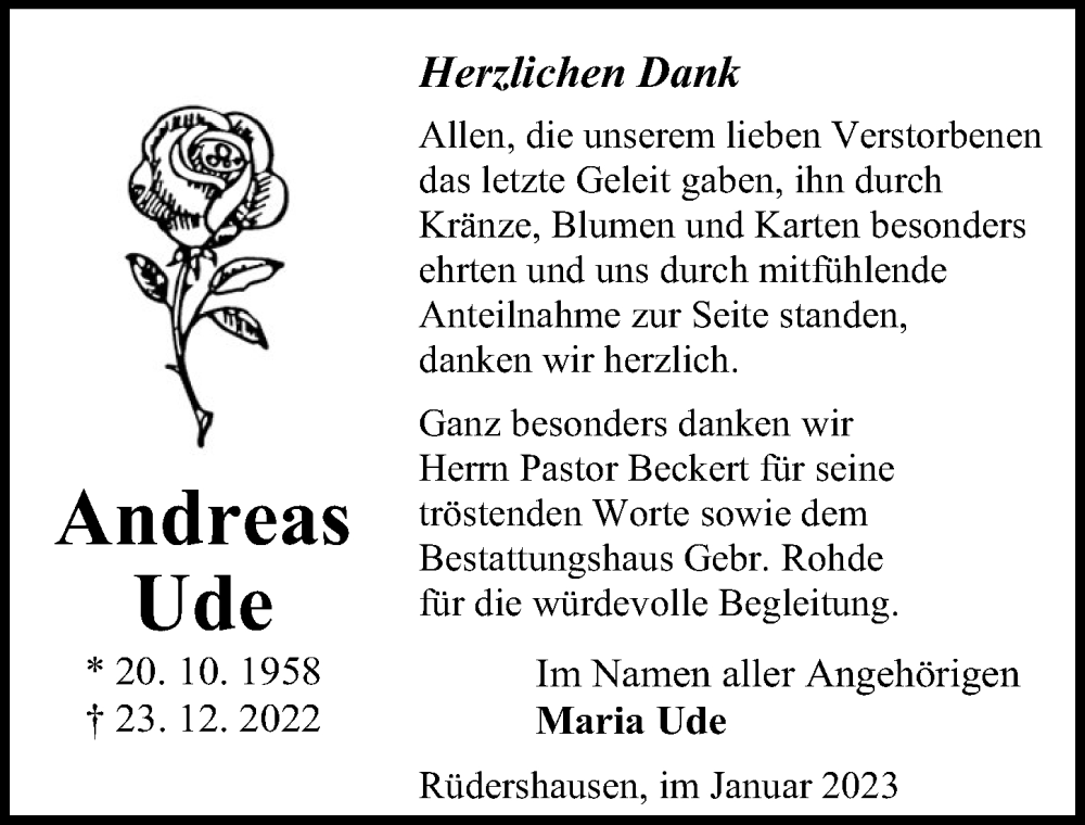  Traueranzeige für Andreas Ude vom 21.01.2023 aus Göttinger Tageblatt