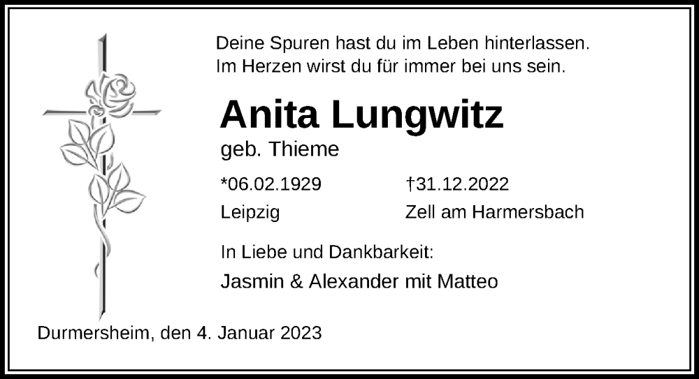  Traueranzeige für Anita Lungwitz vom 04.01.2023 aus Leipziger Volkszeitung