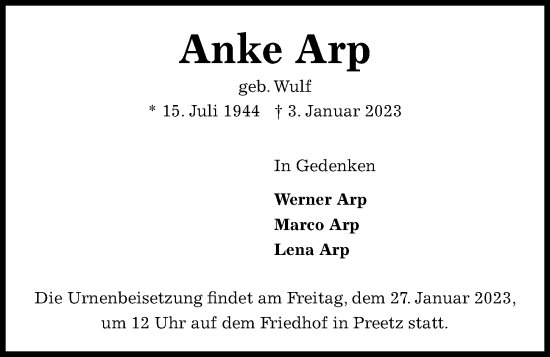 Traueranzeige von Anke Arp von Kieler Nachrichten