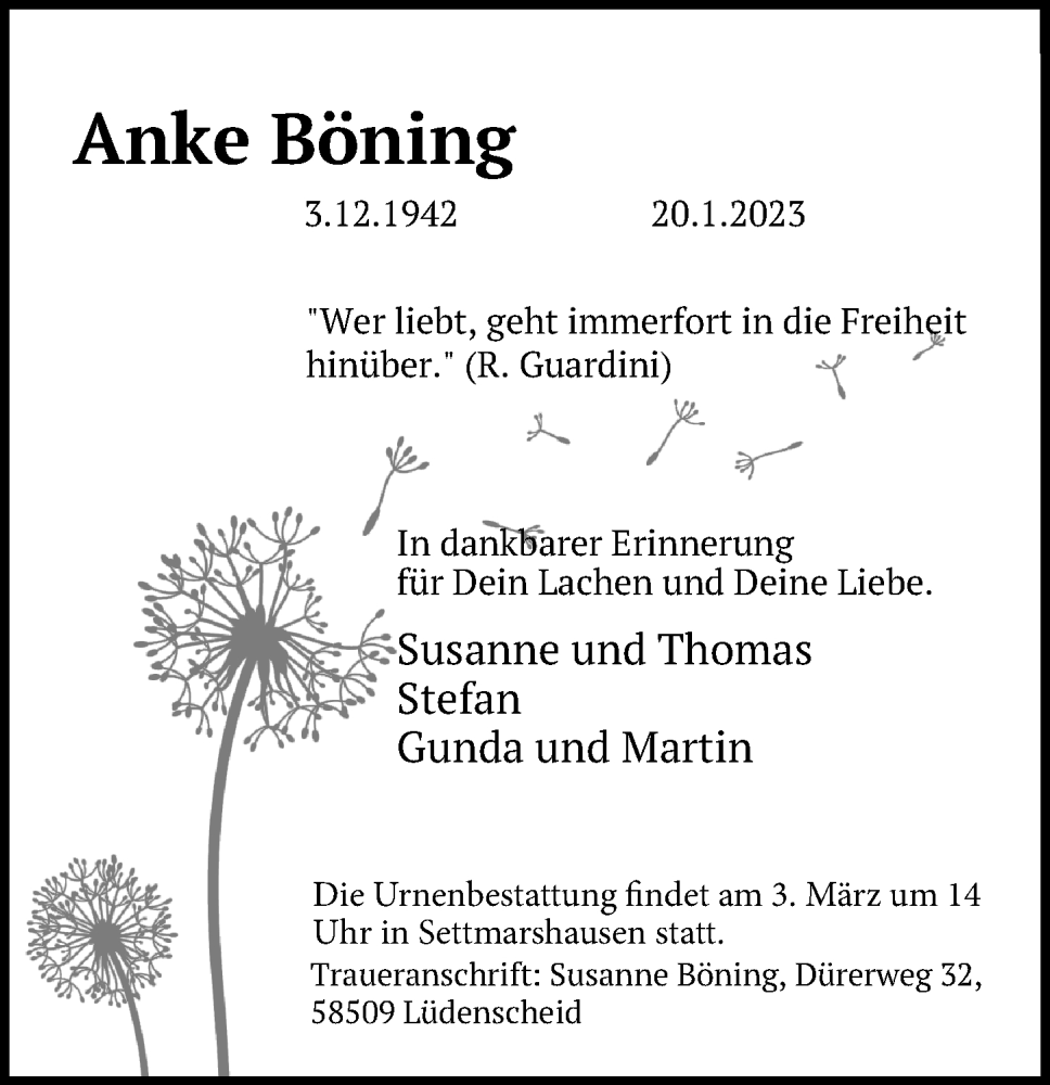  Traueranzeige für Anke Böning vom 25.01.2023 aus Göttinger Tageblatt