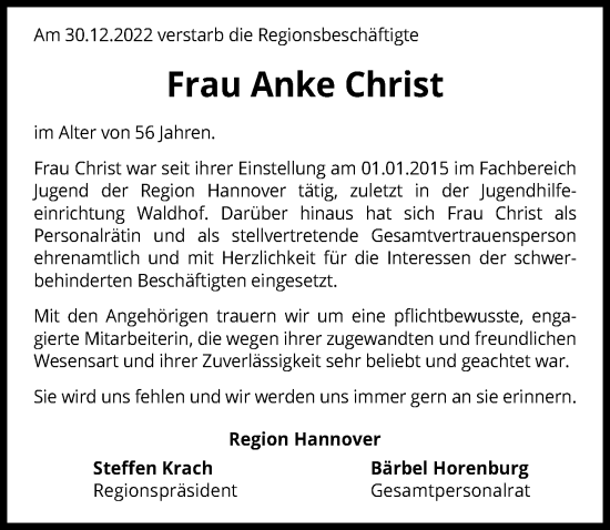 Traueranzeige von Anke Christ von Hannoversche Allgemeine Zeitung/Neue Presse