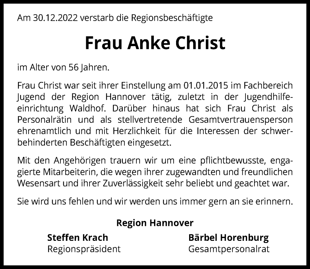  Traueranzeige für Anke Christ vom 11.01.2023 aus Hannoversche Allgemeine Zeitung/Neue Presse