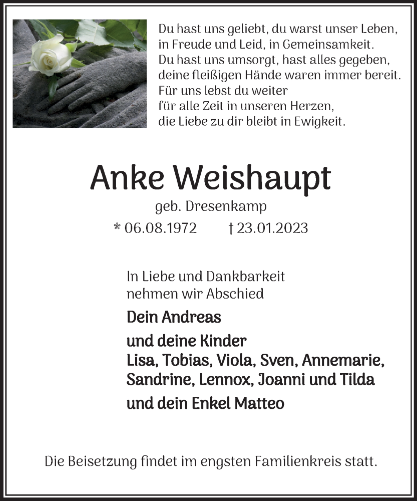 Traueranzeige für Anke Weishaupt vom 28.01.2023 aus Schaumburger Nachrichten