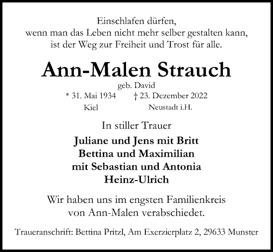 Traueranzeige von Ann-Malen Strauch von Lübecker Nachrichten