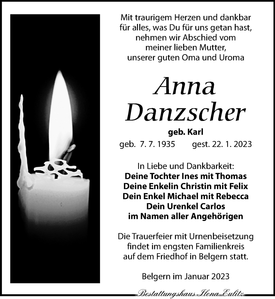  Traueranzeige für Anna Danzscher vom 28.01.2023 aus Torgauer Zeitung