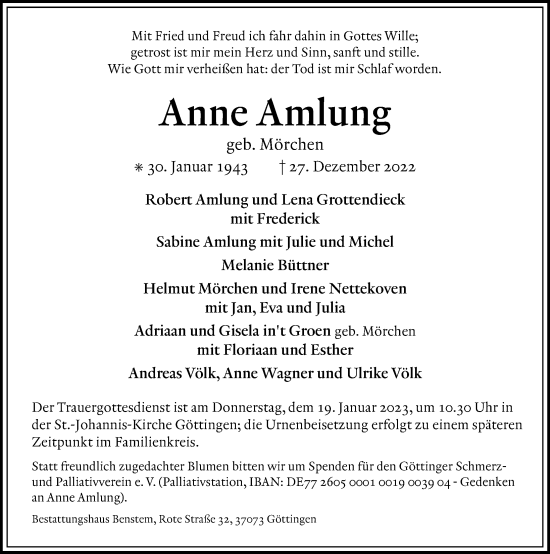 Traueranzeige von Anne Amlung von Göttinger Tageblatt