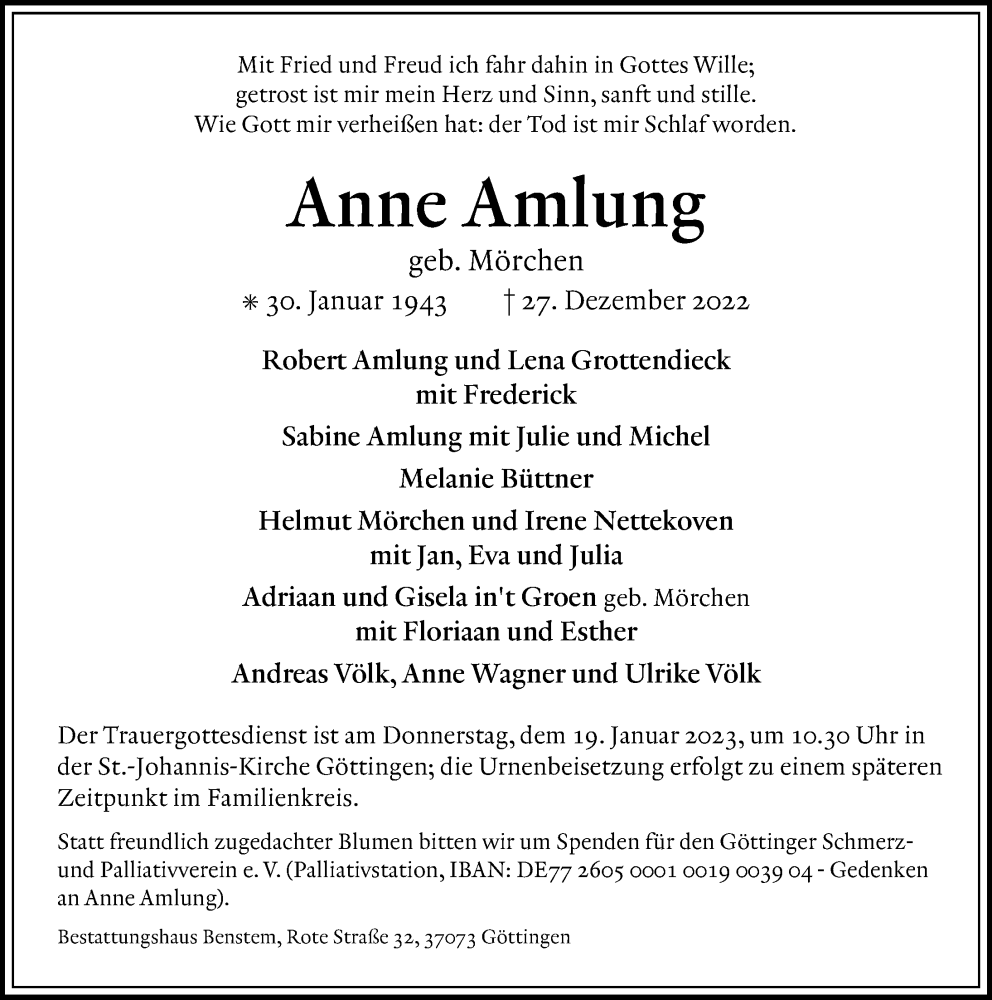  Traueranzeige für Anne Amlung vom 07.01.2023 aus Göttinger Tageblatt