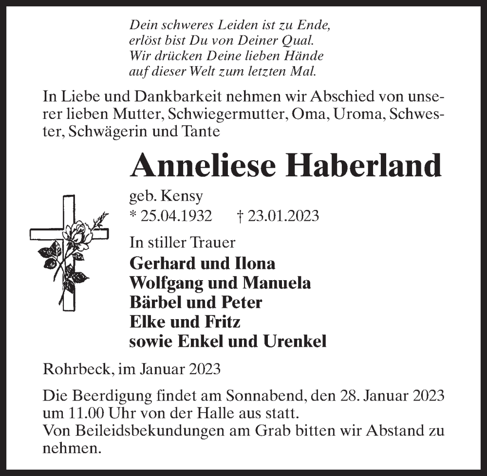 Traueranzeige für Anneliese Haberland vom 25.01.2023 aus Märkischen Allgemeine Zeitung