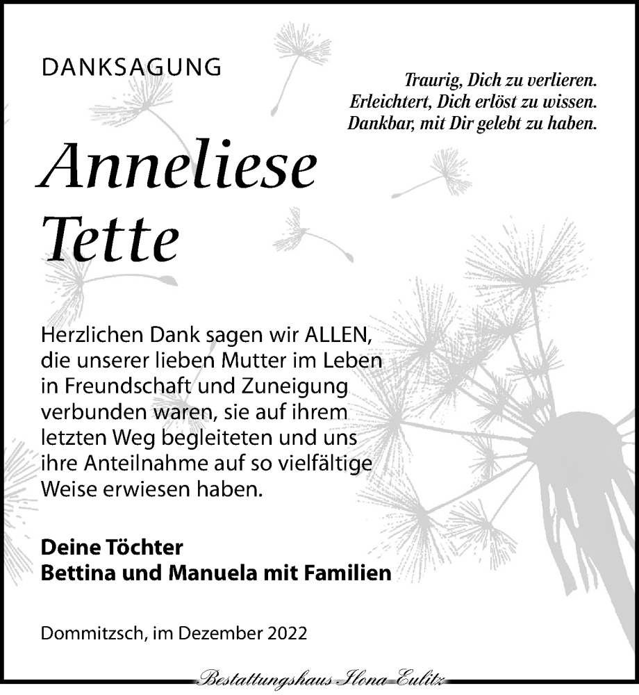  Traueranzeige für Anneliese Tette vom 07.01.2023 aus Torgauer Zeitung