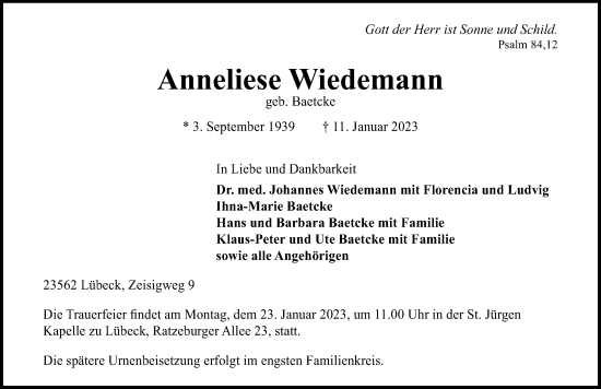 Traueranzeige von Anneliese Wiedemann von Lübecker Nachrichten