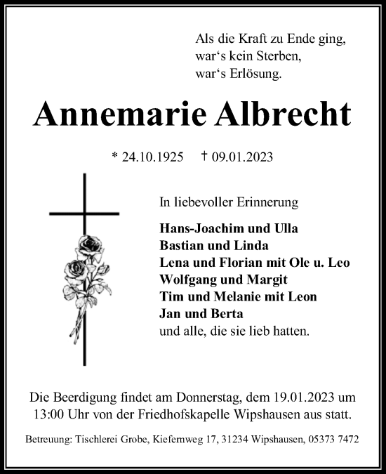 Traueranzeige von Annemarie Albrecht von Peiner Allgemeine Zeitung