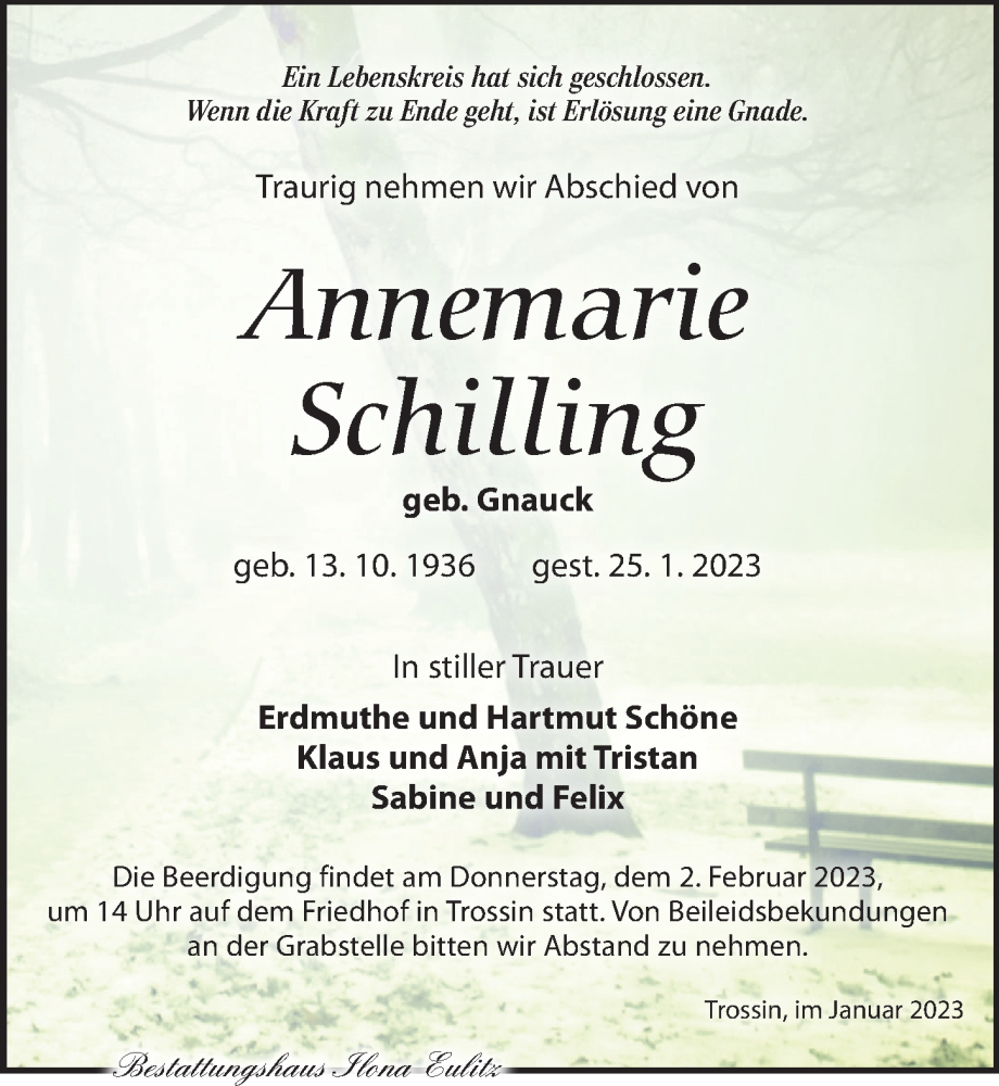  Traueranzeige für Annemarie Schilling vom 28.01.2023 aus Torgauer Zeitung